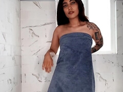 Sexy love with tattooed hand and leg masturbates in the shower