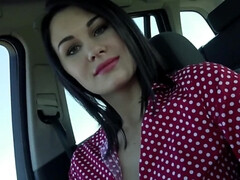 Delightful brunette in polka dot shirt pussy-fucked outdoors