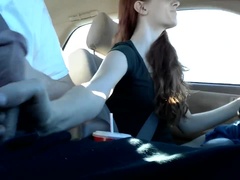 Risky Public Handjob and Cum in Redhead's Mouth in Car