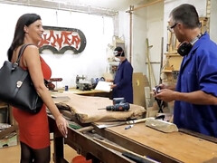 Hot MILF gets fucked by two carpenters at the workshop