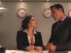 Slutty secretary gets stuck in elevator with two fuckers
