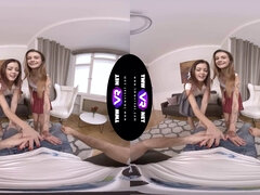 Adelle & Cindy Shine: Petite Adelle & Cindy get fed by two lucky dudes in virtual reality