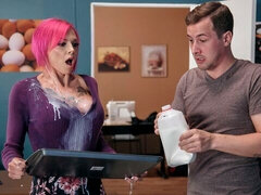 Cute pink-haired model Anna Bell Peaks jumps on a long penis