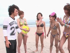 Guys give four Aisan sexy beach babes orgry fuck of their life