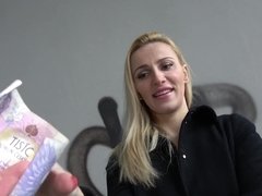 Russian blondie Afina Kisser deepthroats dick & fucks stranger in a stairwell