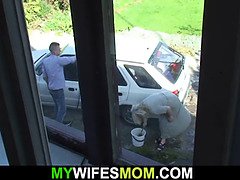 Horny blonde stepmom catches her cheating and fucks her stepson outdoors