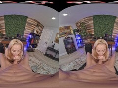 Crystal Rush gets her mouth and tight pussy pounded hard in VR, pleading for a hot load