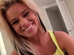 Smiling blonde babe with a big booty gets screwed