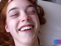 Slender redhead teen fucked by 2 horny old guys in bed