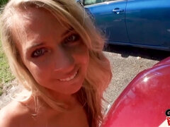 Ass, Blonde, Blowjob, Car, Cumshot, Outdoor, Piercing, Tits