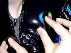 Shiny catsuit, man-meat, taut