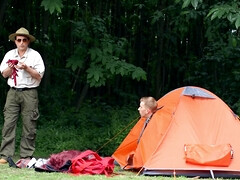 The big stud is banging his blonde girlfriend in the forest