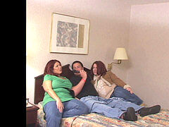 three curvy bitches ride horny man in couch