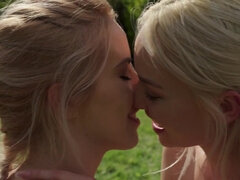 Two magnificent blonde lesbians fucking wildly outdoors