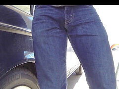 Blondie pees in blue jeans in three outdoor spots with a public cum shot