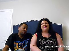 Chunky plumper banged by 2 big ebony cocks