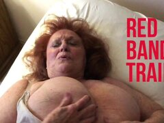 Red-haired granny with huge tits blows and fucks a guy