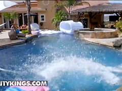 Mia Moore, Kylie rocket, Alexis Tae & friends take a nude poolside pounding for a wet orgy with cum in mouth and pussy