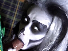Blonde girl is blowing her partner on special Halloween webcam show