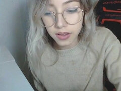 Petite Blonde with Glasses fingering her pussy