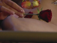 Erotic solo with roses - beautiful glam brunette with perky tits