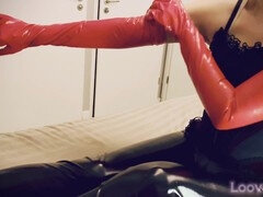 Femdom handjob with prostate vibration and high-heeled shoe domination ends in ruined orgasm