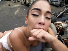 Petite whore analyzed by bald stallion outdoors in junkyard