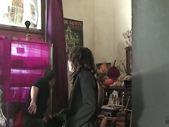 two schoolgirls drilling a housewife in all fuckholes