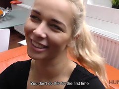Watch as blonde GF's pussy gets sold and eagerly watched on couch by her cuckold boyfriend