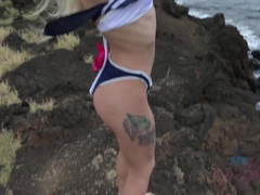 Beach, Bikini, Blonde, Handjob, Orgasm, Public, Skinny, Tits