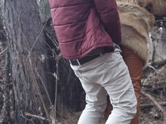 Risky public sex with a redhead teen in the winter forest