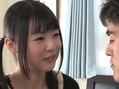 Fine-looking flat chested Japanese Tsubomi is giving a blowjob