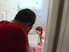 Dolly Little gags on bff's dad's cock in the bathroom then gets pussy ravaged