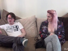 redheaded punk chick sucks a nerd's big hard dick