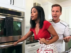Ebony babe seduced and fucked while working in the kitchen