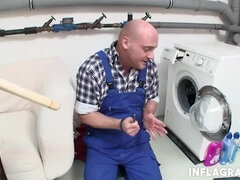 Chesty petite milf takes plumber's cock