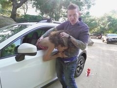 Ebony Cecilia Lion has sex on a car and sucks cock