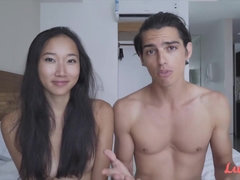 Young slim Asian with small boobs has romantic sex with her caucasian boyfriend