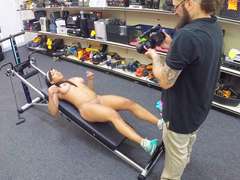 Black muscular gym trainer deepthroat head in the pawnshop