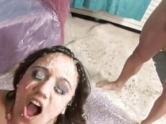 Bukkake cum hoe showered with jizz