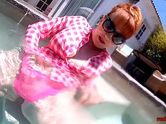 Big tits, Blowjob, Milf, Pool, Pussy, Redhead, Shaved, Sucking