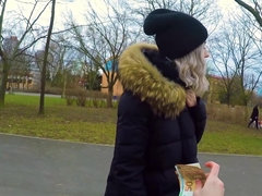 Cutie Eva Elfie gives a blowjob in the park